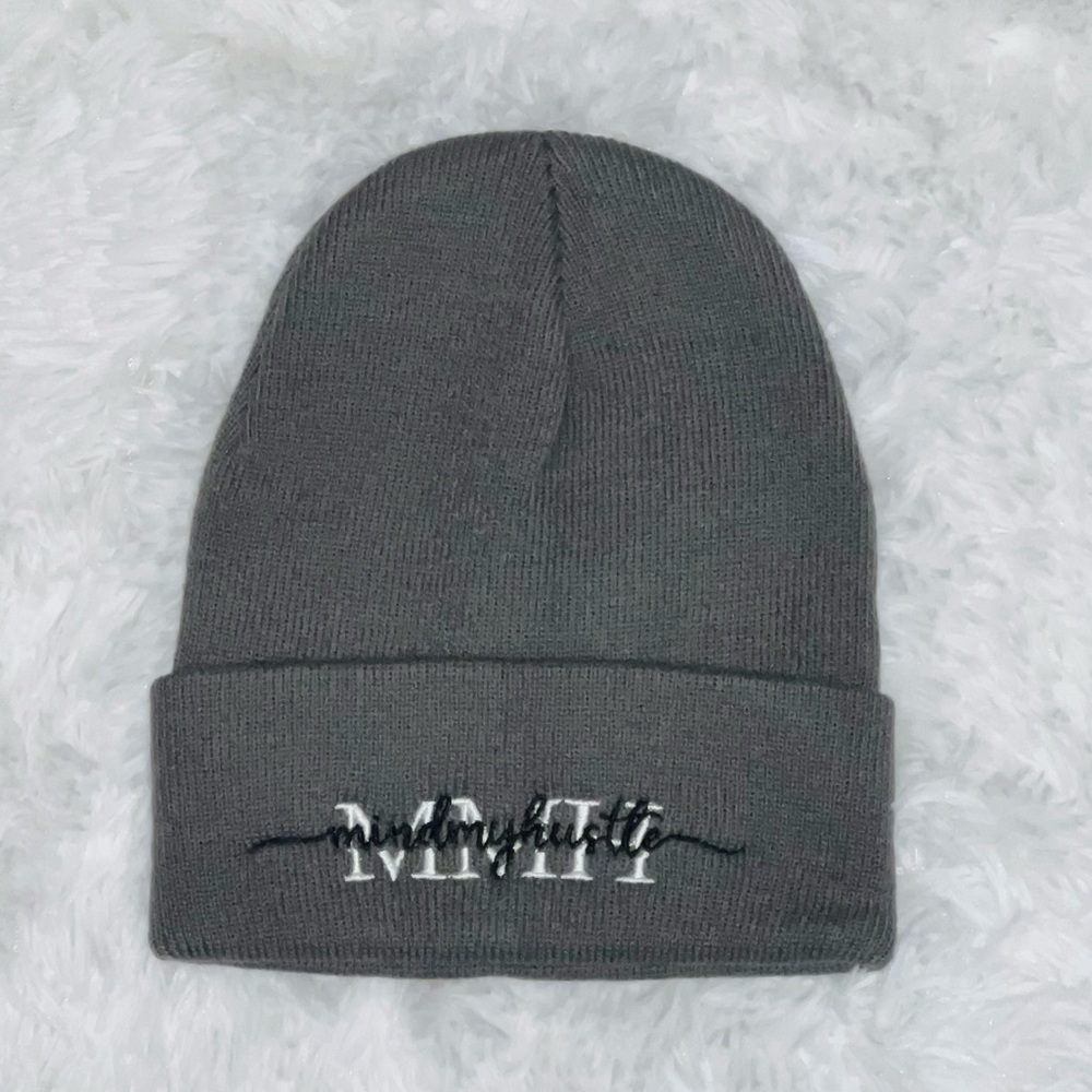Custom Gray beanie from small business “MindMyHustle”.